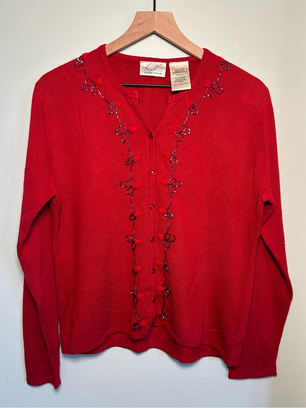 Kathie Lee Collection Red Beaded Trim Button-Front Cardigan
